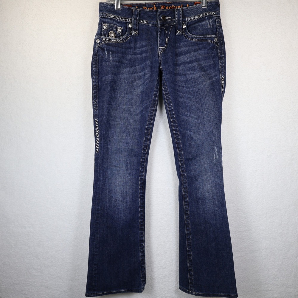 Rock Revival Womens Dark Wash Crystal Embellished Bootcut Jeans Thick Stitch